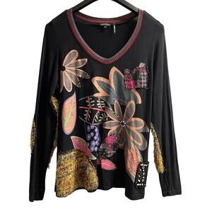 Tricotto Top Women XL Black Multicolor Mixed Media Tunic Artsy Unique Maximalist